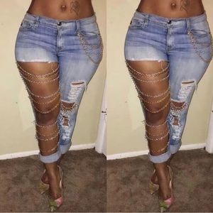 Hollow Out Denim Chain Jeans